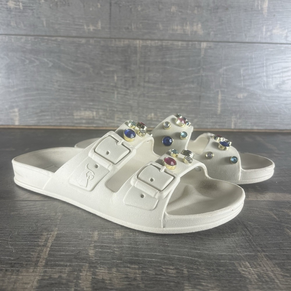 Jeweled Double Strap Slide Sandals Womens 6 Catarina's Ivory Cream Embellished